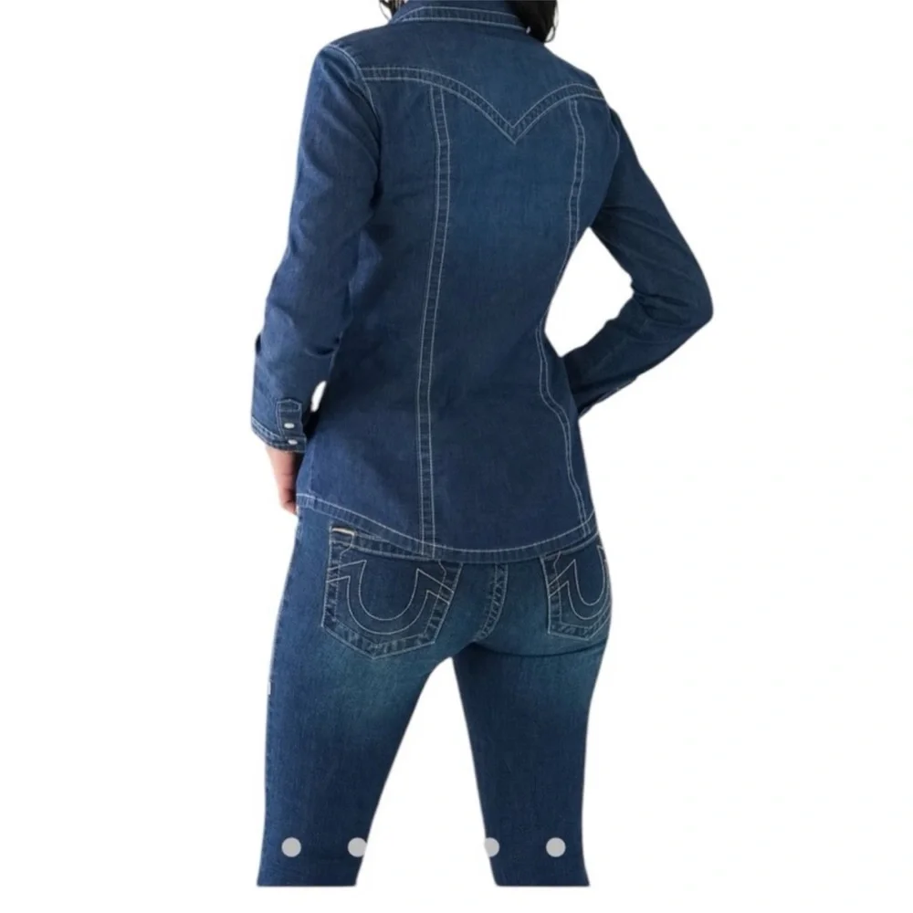 True Religion Chambray Western Denim Shirt Shacket Dark‎ Pearl Snap Button New M - Picture 8 of 13